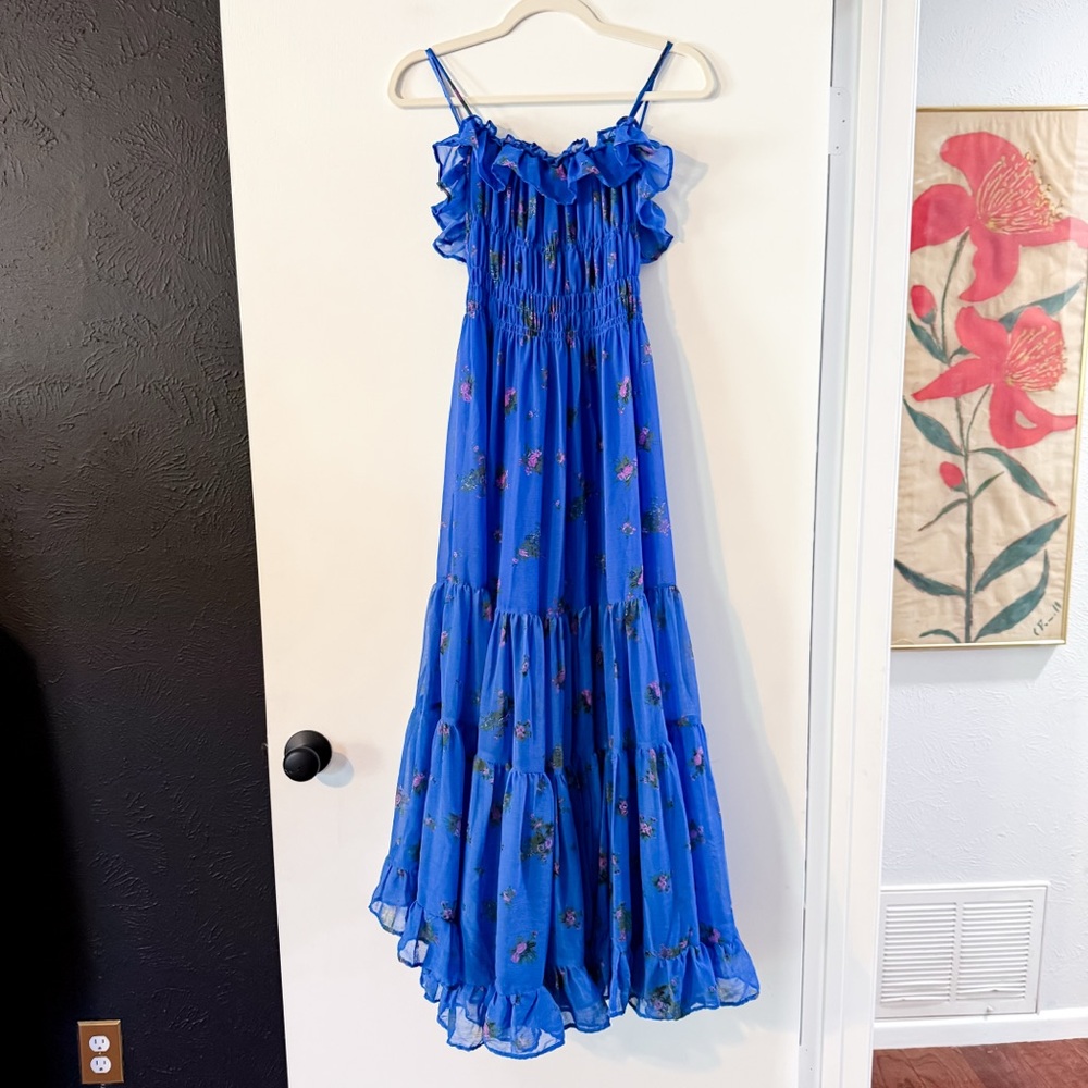 Free People Cloud Nine Smocked Ruffle Maxi Dress Blue Floral Size Small - Picture 3 of 10